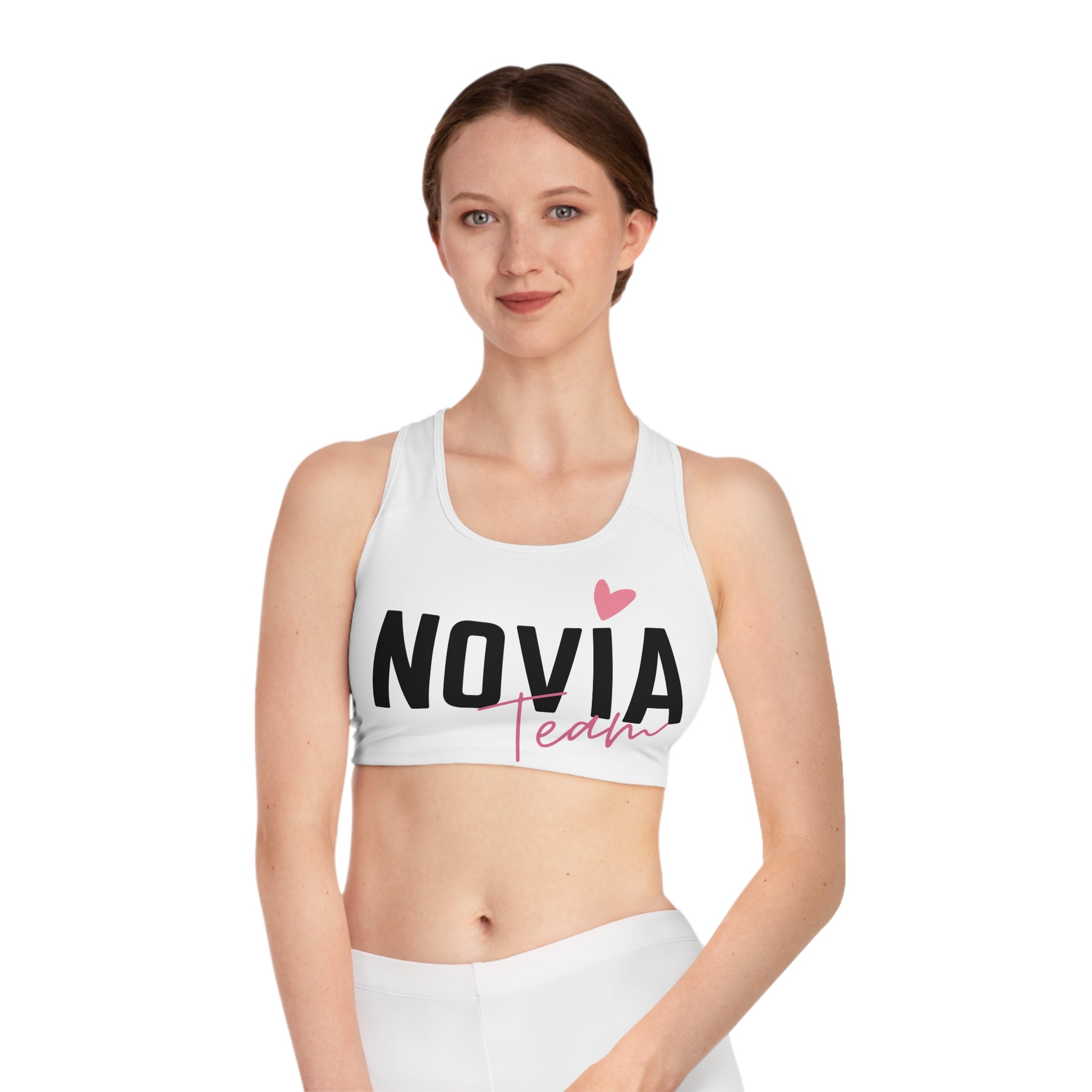 Sports Bra — Novia Team Bachelorette Fitness Crop with Pink Heart