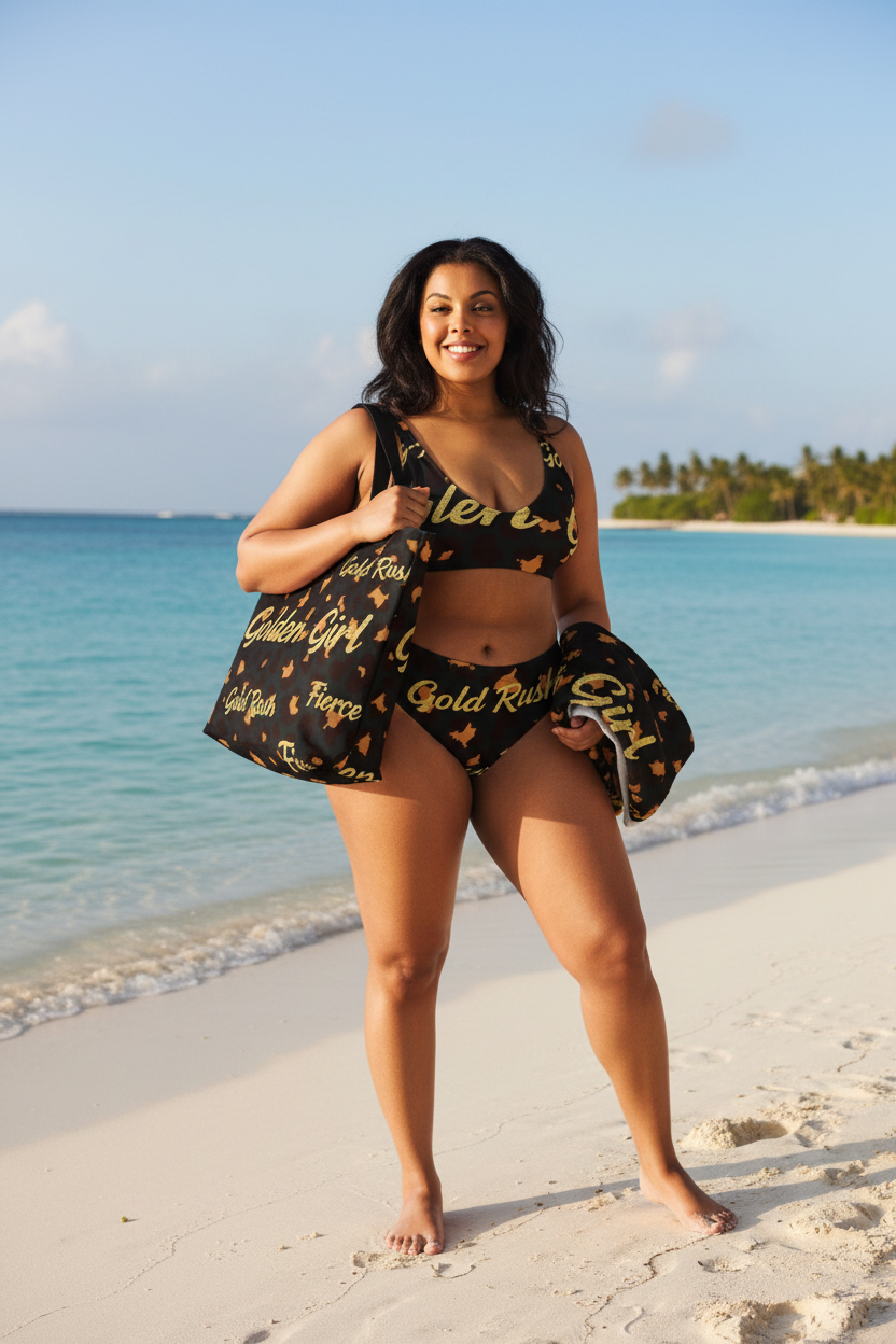 Golden Girl - Curvy en la playa con bolso y toalla