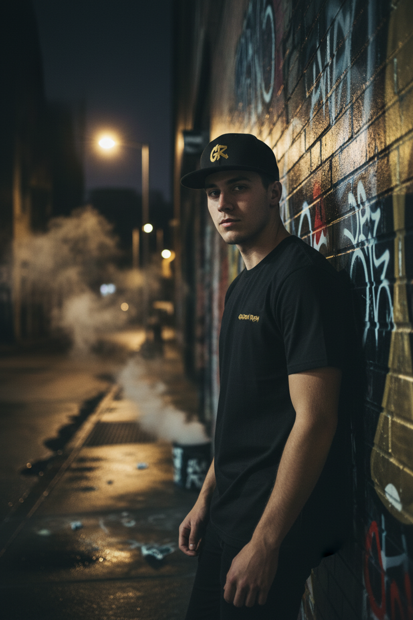 Golden Rush mockup urbano gorra + camiseta