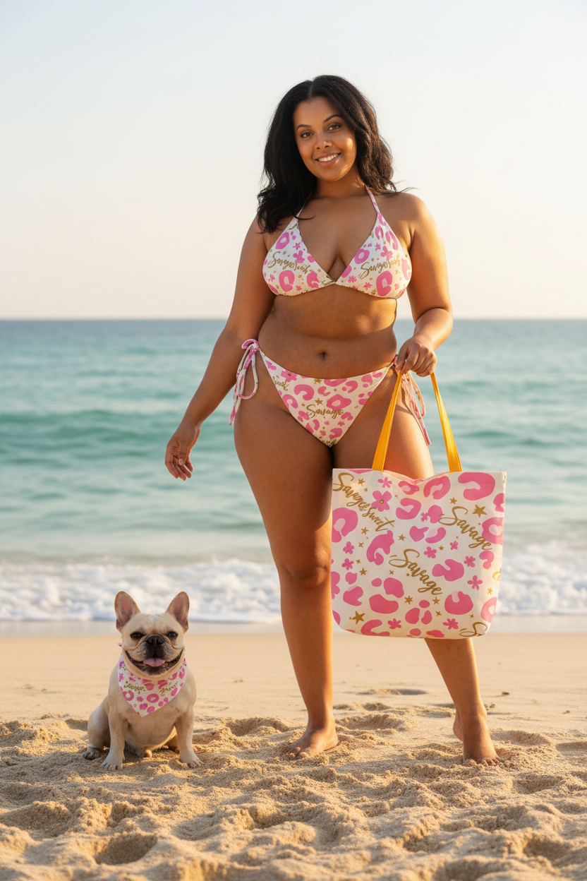 Mockup Savage & Sweet mujer perro playa